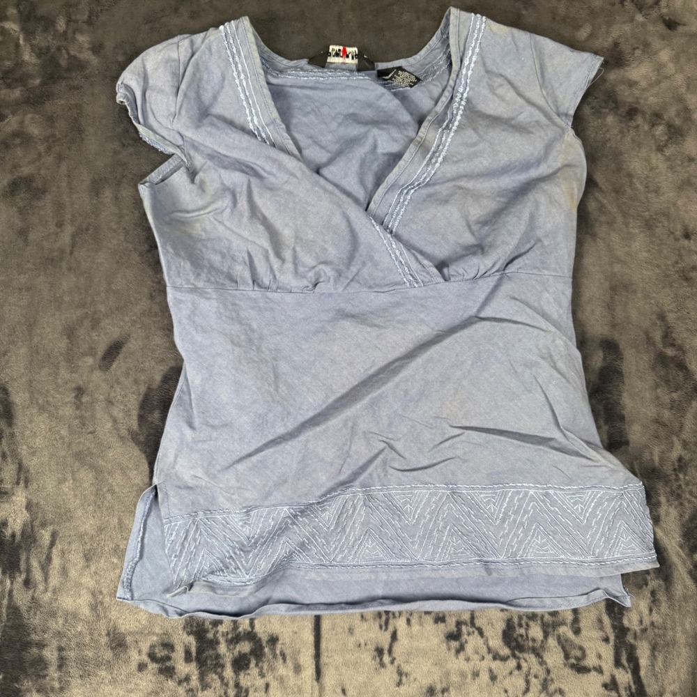 Stephanie Rogers Top Womens Small Blue Embroidered V-Neck Cap Sleeve Ramie Rayon